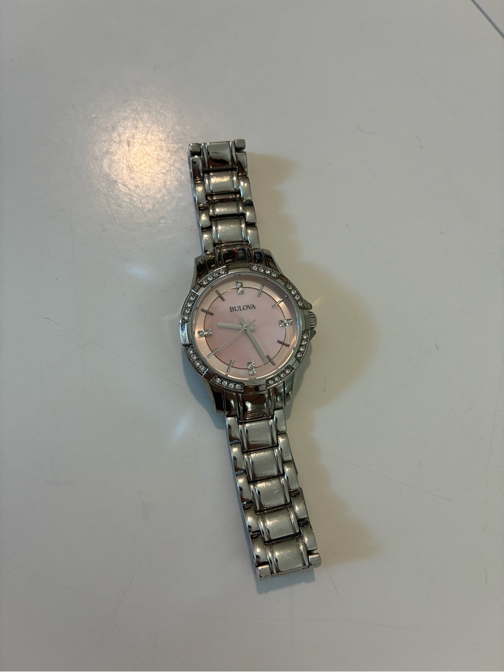 Bulova Silver-Tone Bracelet Watch with Pink Dial and Diamond Accents